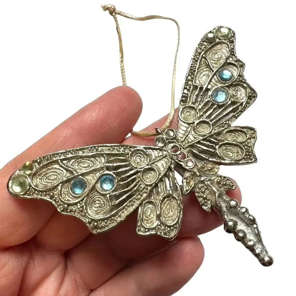 Vintage Silver Dragonfly Ornament with Filigree Work Jeweled Handmade